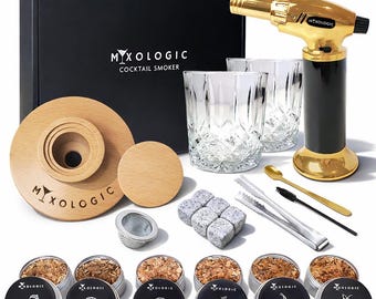 Kit ahumador de cócteles MIXOLOGIC con soplete, 2 vasos, 6 virutas de madera, piedras para whisky y accesorios. Set para ahumar whisky al estilo Old Fashioned. Regalo para hombre.