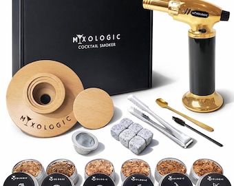 Kit para ahumar cócteles MIXOLOGIC con soplete y virutas de madera: regalo para whisky tradicional, set para ahumar, infusor para whisky