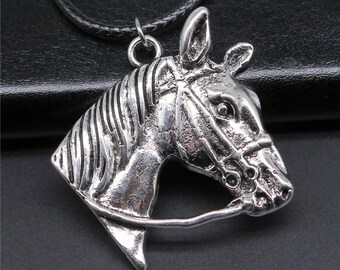 Horse Head Pendant Necklace Antique Silver Plated Vintage Ethnic Bohemian Black Leather Rope Chain