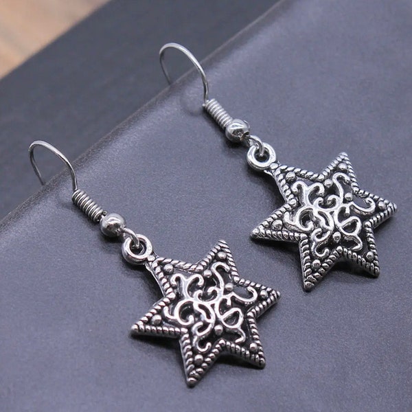 Six Pointed Star Dangle Drop Earrings Antique Silver Plated Vintage Ethnic Bohemian Carved