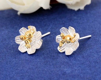 Gold Plated Bee Flower Stud Earrings Sterling Silver 925 10mm Studs