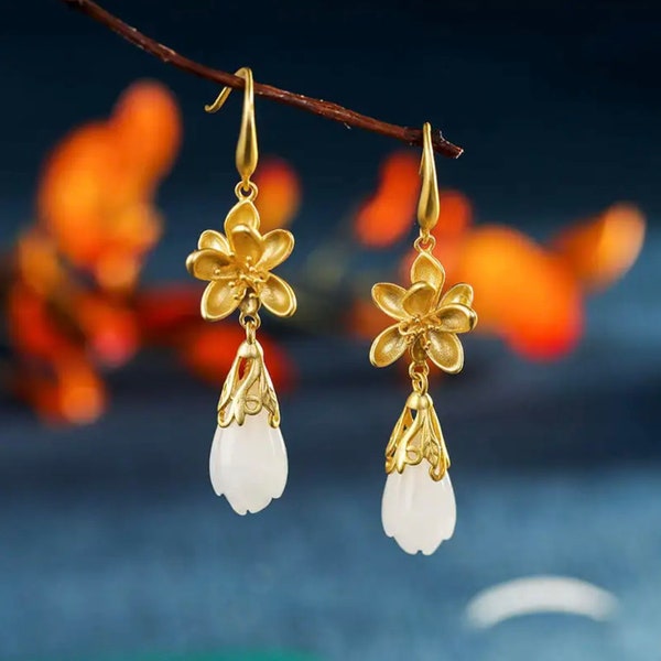 White Hetian Jade Flower Drop Earrings Antique 18k Gold Plated Retro Vintage Magnolia