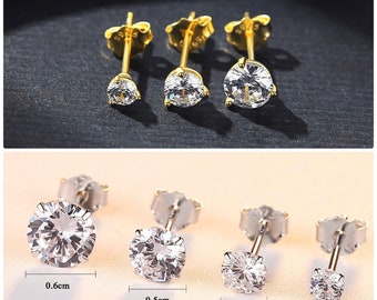 Round Cubic Zirconia Stud Earrings 14k Gold Plated Sterling Silver 925 3mm 4mm 5mm 6mm Studs