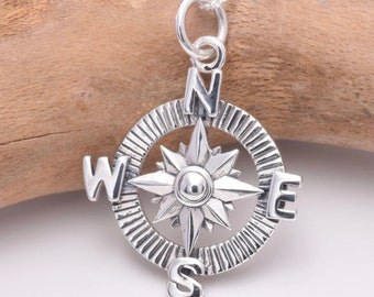 Compass Pendant Solid Sterling Silver 925 18x24mm