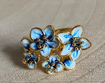 Blue Enamel Flower Branch Ring Size N P R 18K Gold Plated Retro