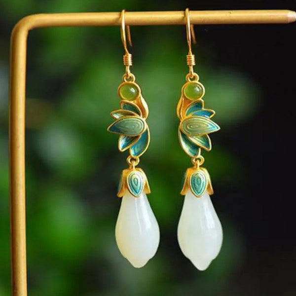 White Green Hetian Jade Magnolia Drop Earrings 18k Gold Plated Retro Vintage Teardrop