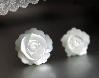 White Rose Flower Stud Earrings Sterling Silver 925 10mm Studs