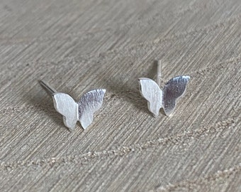 Small Butterfly Stud Earrings Brushed Sterling Silver 925 Minimalist 7mm Studs