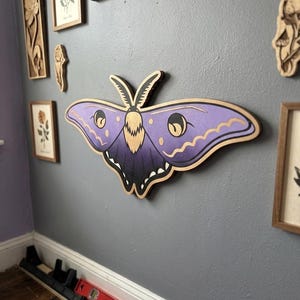3D  Layered Wood Luna Moth Wall Art  Whimsical Boho Nursery Decor Magical Insect Laser Cut Sign Pastel Purple Lavender Bedroom Gift