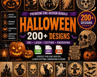 200 Dia das Bruxas cnc Laser Cut CNC Router Cdr DXF JPG Files Wood Carving 3D Relief Designs Organized Mega Bundle Instant Download