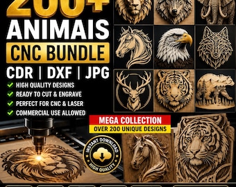 OVER 200 Animais Laser Cut CNC Router CDR Dxf Jpg Files Wood Carving 3D Relief Designs Organized Mega Bundle Instant Download