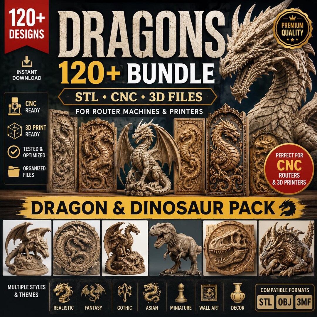 120+ Dragon STL Files Bundle CNC Router STL Files | Wood Carving 3D ...