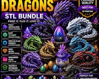 Articulated Dragon STL Bundle | Flexi Crystal Dragons for 3D Printing | Print in Place Fantasy Dragon Files | Instant Download