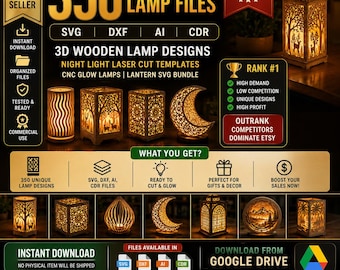 350 Laser Cut Lamp Files SVG DxF AI CdR | 3D Wooden Lamp Designs Bundle | Night Light Laser Cut Templates | CnC Lamp SVG Instant Download