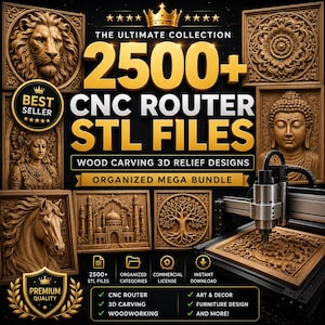 Puede incluir: Un anuncio de archivos STL para enrutador CNC. La imagen muestra varios tallados en madera, incluyendo un león, un Buda y un caballo. El texto destaca "2500+ archivos STL para enrutador CNC" y características como tallado 3D y diseño de muebles. Se muestra un enrutador CNC en funcionamiento.