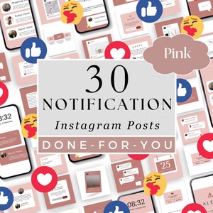 Pink Notification Instagram Posts - Social Media Templates - 30 Done for you Canva: Announcement, Testimonial, Reminder, Alerts, Engagement.