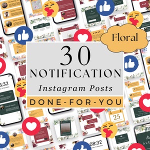 Floral Notification Instagram Posts - Social Media Templates - 30 Done for you Canva, Flowers, Engagement, Announcement, Testimonial, Alerts