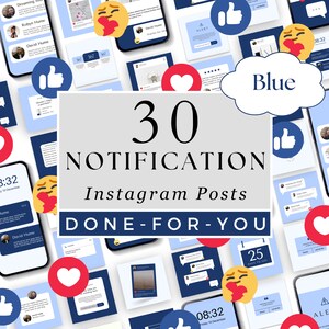 Blue Notification Instagram Posts - Social Media Templates - 30 Done for you Canva, Engagement, Announcement, Reminder, Testimonial, Alerts