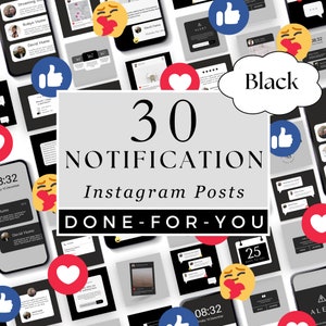 Black Notification Instagram Posts - Social Media Templates - 30 Done for you Canva: Engagement, Announcement, Reminder, Testimonial, Alerts