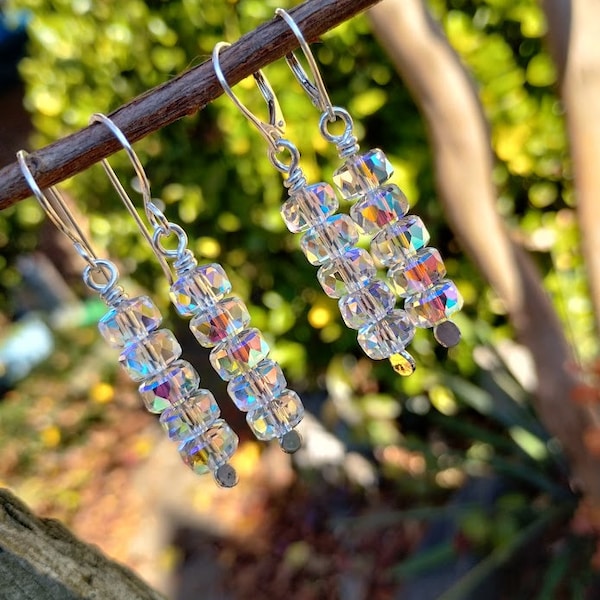 Handmade Sterling Silver Mystic Quartz Sparkly Gemstone BOHO Dangle Earrings