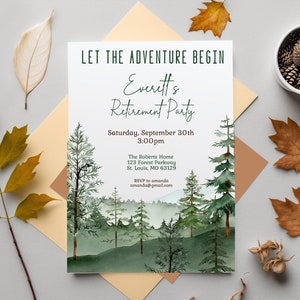 Faire-part de départ en retraite | Que l'aventure commence | Téléchargement numérique modifiable | Thème montagne boisé | Invitation retraite en plein air