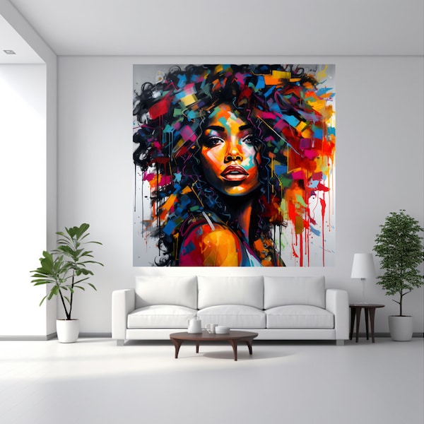 African American Print Canvas  Living Room Woman Abstract Graffiti Painting Gift for her Modern Street Art