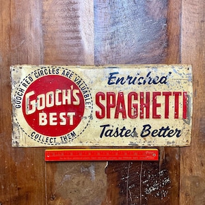 Vintage 1950s Gooch’s Spaghetti Metal Embossed Advertising Sign - Rare Find!