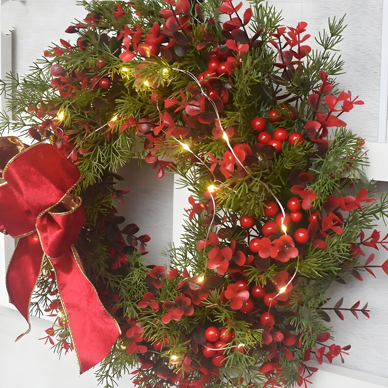 Large Red Evergreen Branch Wreath With LED Lights Unique Christmas