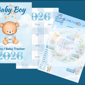 Puede incluir: Un conjunto de seguimiento y diario para bebés con un diseño de acuarela azul y blanco. La portada presenta un osito de peluche y las palabras "Baby Boy" y "Diary / Baby Tracker 2026". Las páginas adicionales incluyen un calendario y un registro diario.