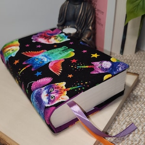 Book cover, adjustable book cover, book protector, Rainbow Cats, cotton, gift idea, integrated bookmark