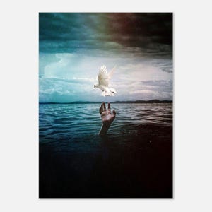 Póster de paloma que alcanza el océano - Impresión artística en papel mate premium - Decoración inspiradora para el hogar