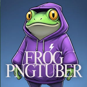 May include: A cartoon frog character wearing a purple hoodie with a lightning bolt graphic. The frog is green with large yellow eyes and the text "FROG PNGTUBER" is displayed on the front of the hoodie.
