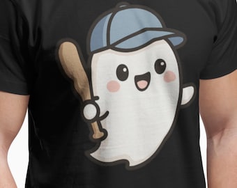 May include: Black t-shirt featuring a cartoon ghost wearing a light blue baseball cap and holding a wooden baseball bat. The ghost has a smiling face with rosy cheeks. The design is centered on the shirt.