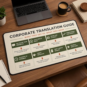 Corporate Translation Guide Desk Mat, What They Say vs What They Mean, 22 or 32 Inch