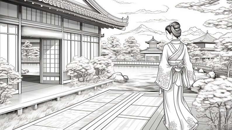 Enchanting Geisha Coloring Page Japanese Beauty in - Etsy