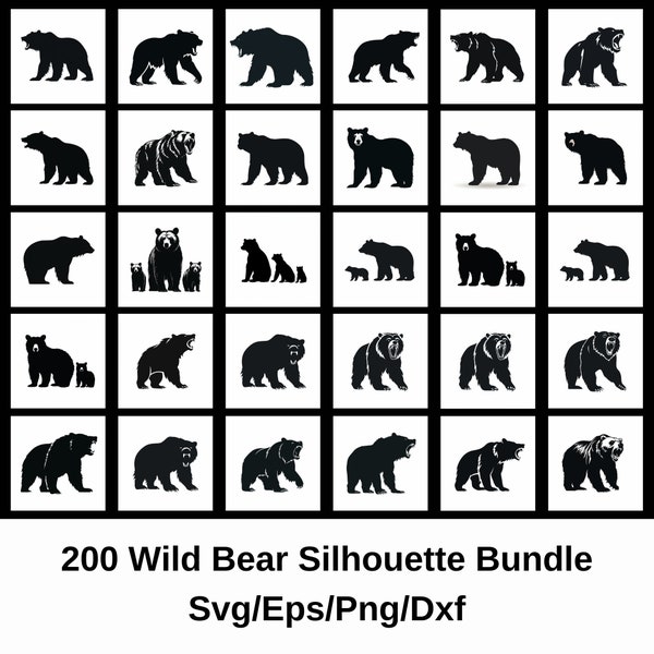 Silhouettes d'ours : oursons, vagabonds, ours en colère et chasse, 200 png/svg/eps/dxf, clipart animaux de la forêt, silhouette magique d'ours, fichier de coupe ours