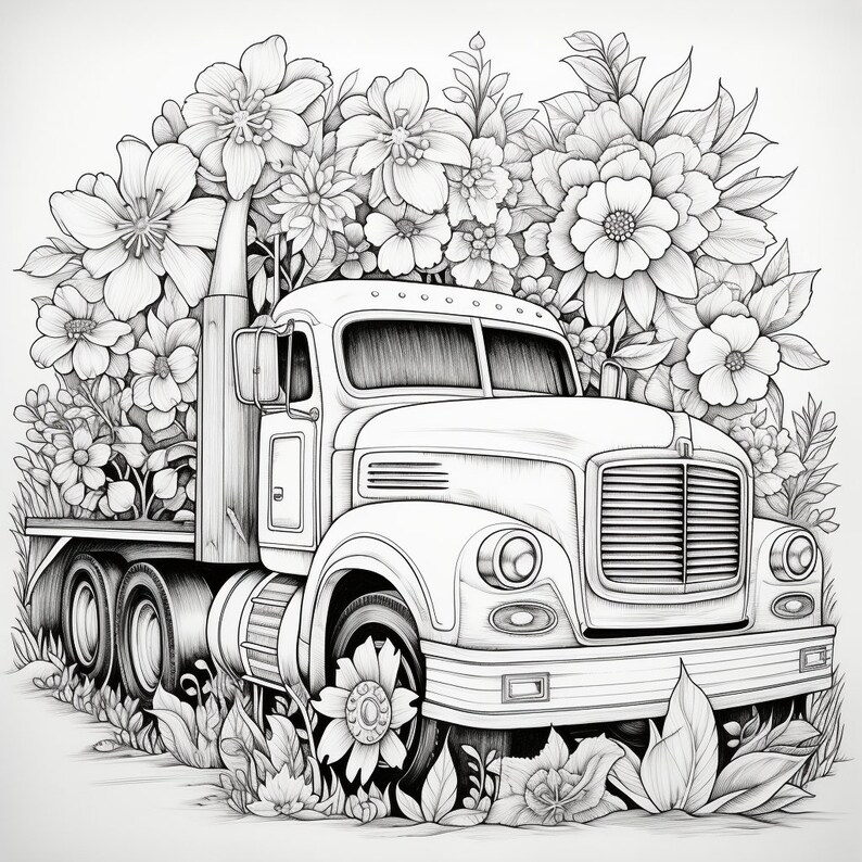 Relaxing Bloomy Truck Coloring Page Stress Relief Floral Art - Etsy