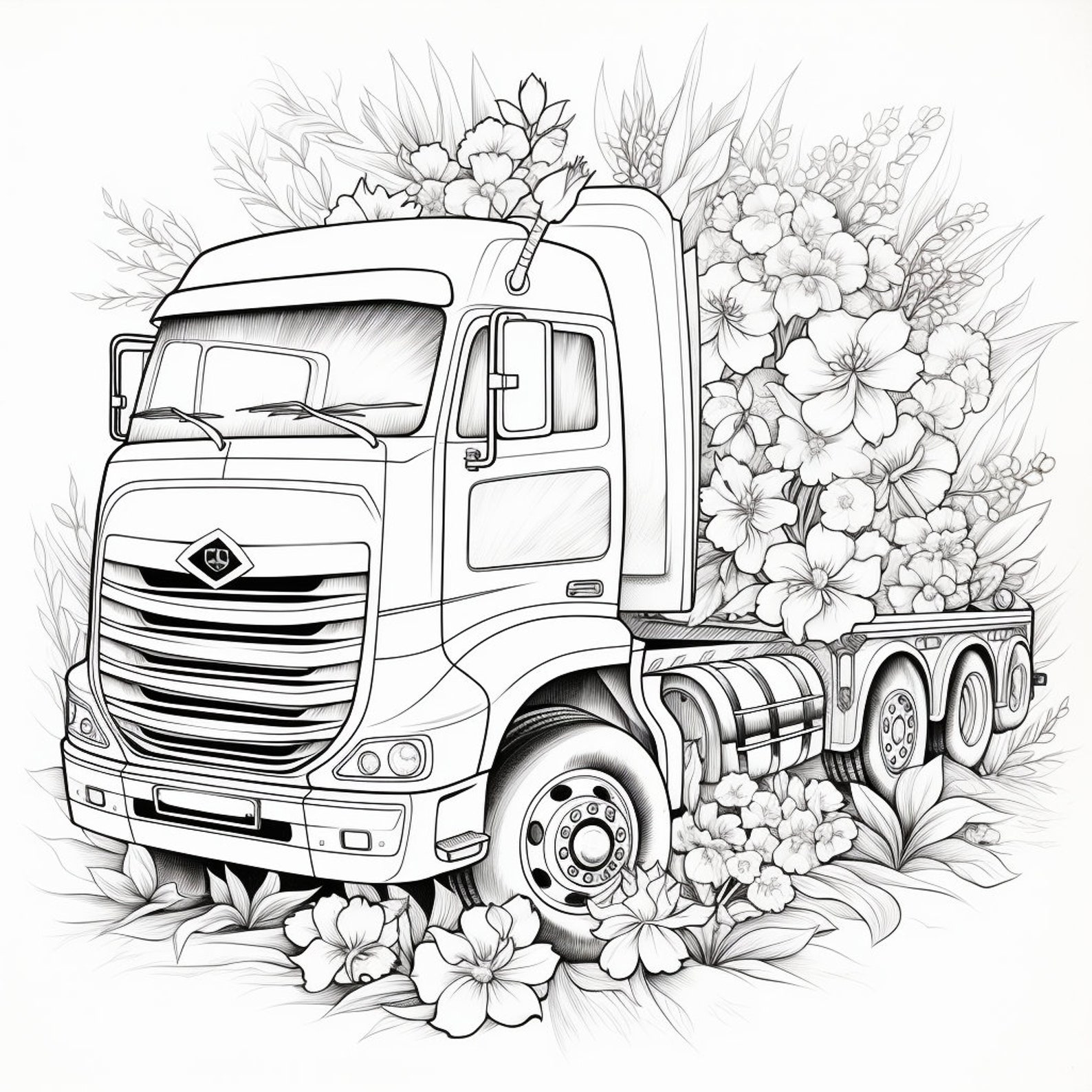 Relaxing Bloomy Truck Coloring Page Stress Relief Floral Art - Etsy