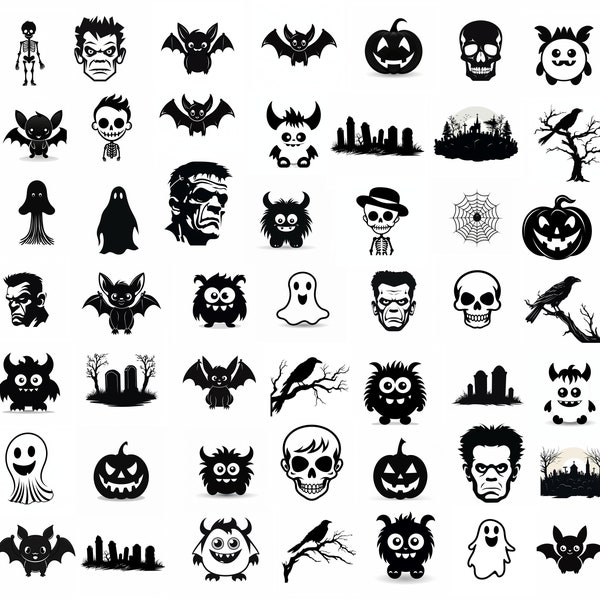 Halloween Silhouette Design Bundle - 420+ Spooky and funny Themes: Cemetery, Monster, Ghost, Skull, Pumpkin, Bat - PNG & SVG Formats