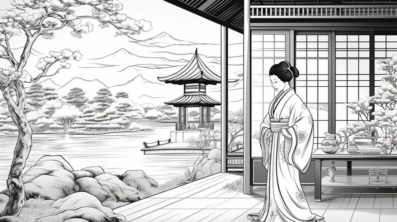 Enchanting Geisha Coloring Page Japanese Beauty in - Etsy