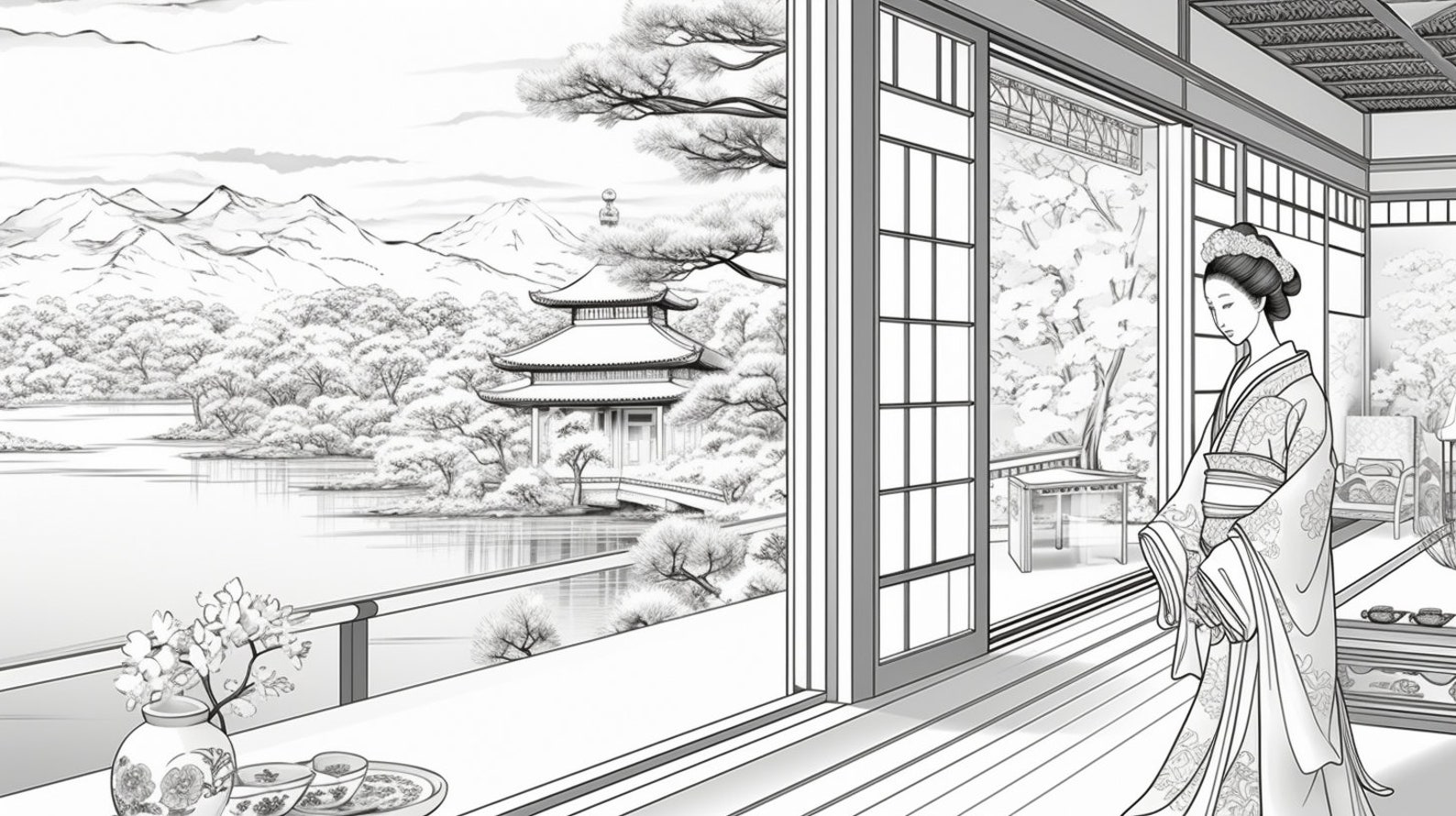 Enchanting Geisha Coloring Page Japanese Beauty in - Etsy