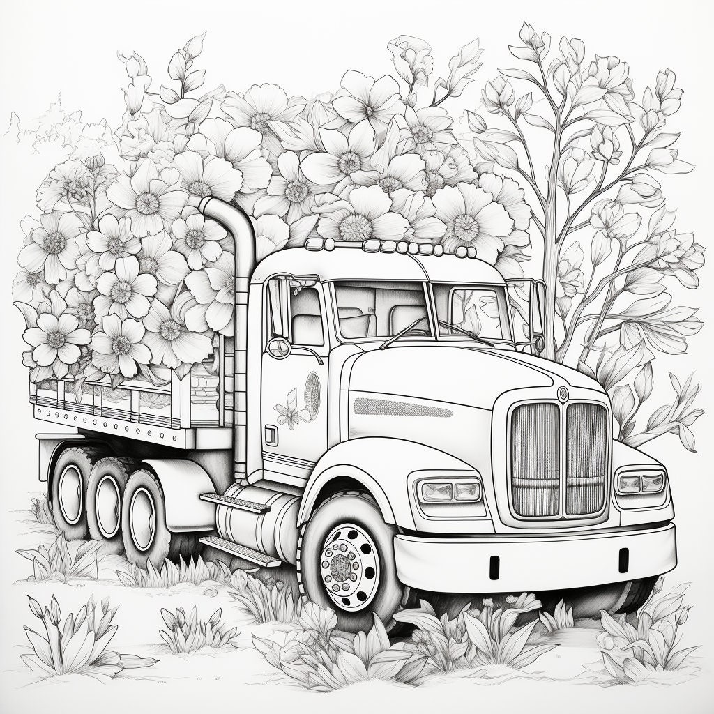 Relaxing Bloomy Truck Coloring Page Stress Relief Floral Art - Etsy