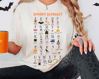 Spooky Alphabet Halloween Shirt for Teachers ABC Party Tee Gifts for Teachers Fun Halloween Shirt Teacher Appreciation Gift