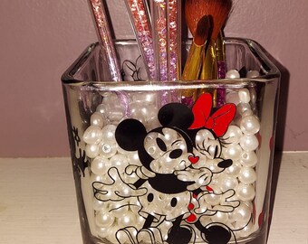 Mickey and Minnie Mouse/ blush brush holder/ Square Glass holder