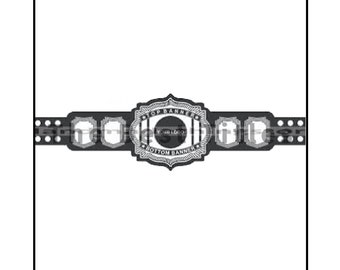 May include: A black and white championship belt with a large, ornate center piece that says "Top Banner" and "Bottom Banner". The center piece also has a space for a logo. The belt has a series of smaller, rectangular plates on either side of the center piece.