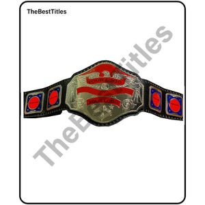 Puede incluir: Un cinturón de campeonato plateado y negro con detalles rojos y azules. El cinturón presenta el texto "YOUR LOGO" dos veces y un diseño de águila estilizado.