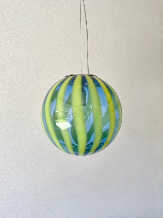 Lampadario in vetro di Murano TRASPARENZE blu con canne giallo limone di Effetre Murano, soffiato a bocca e lavorato a mano