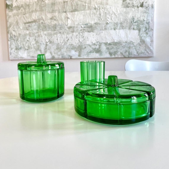 Vintage green glass set possibility of multiple uses, bathroom, kitchen, bedroom