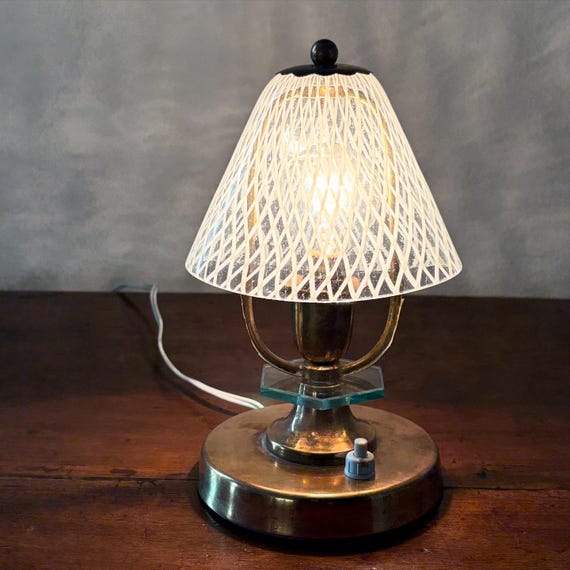 Lampada da tavolo vintage, anni '40 in ottone e vetro soffiato reticello