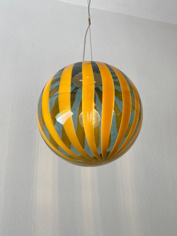 Lampadario in vetro di Murano TRASPARENZE verde con canne ambra/giallo di Effetre Murano, soffiato a bocca e lavorato a mano
